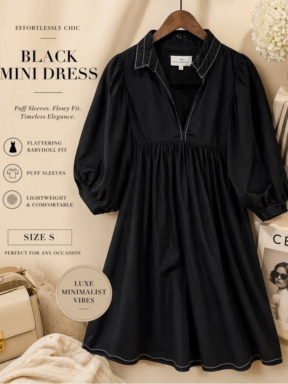 Black Puff Sleeve Mini Dress Size S | Luxe Minimalist
